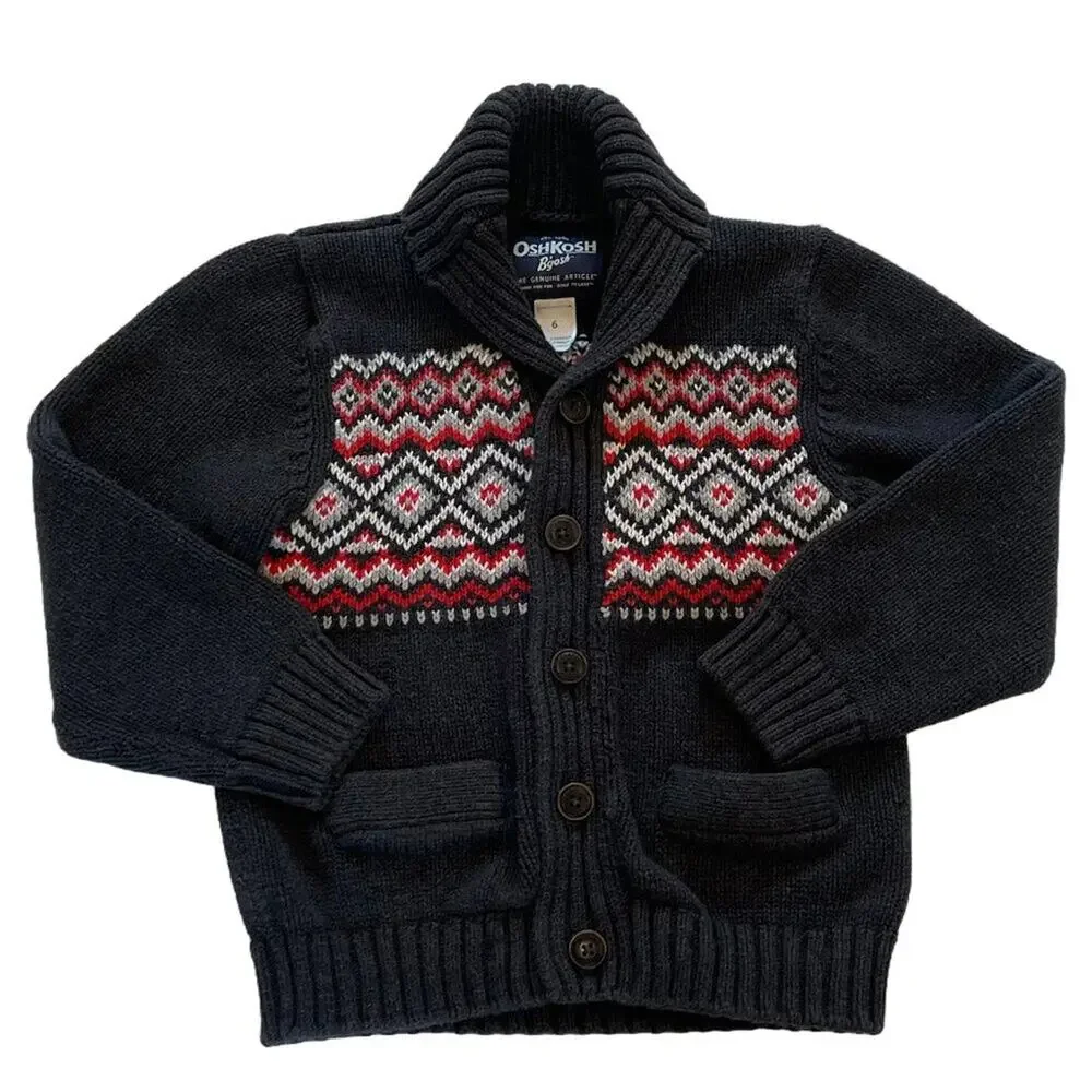 OshKosh B'gosh Classic Cotton Fair Isle Gray Button Down Shawl Collar Cardigan 6